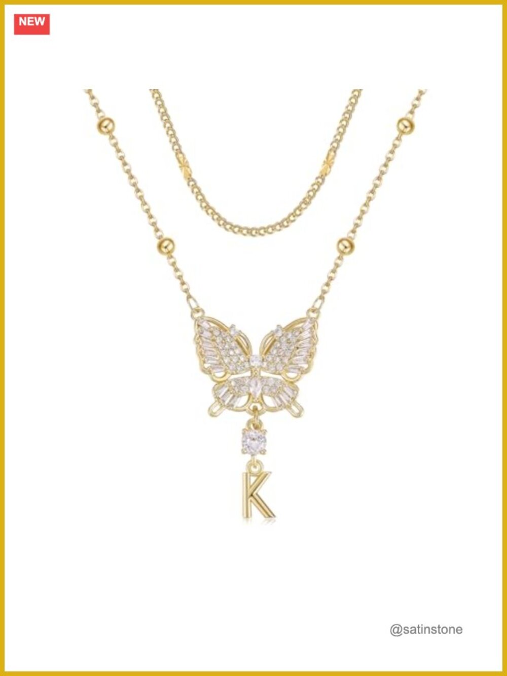 14K Gold Plated Layered Butterfly Initial Necklace Cubic Zirconia Pendant